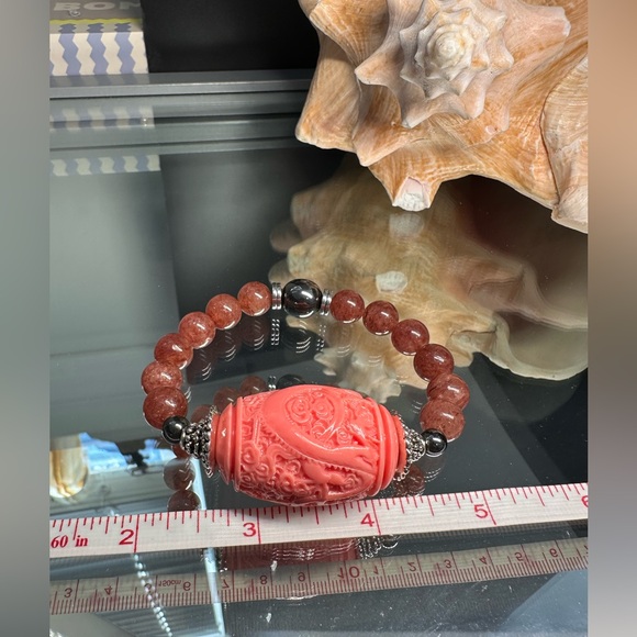 STRAWBERRY QUARTZ STONES + LUCKY DRAGON NATURAL BRACELET size 7” - Picture 6 of 14